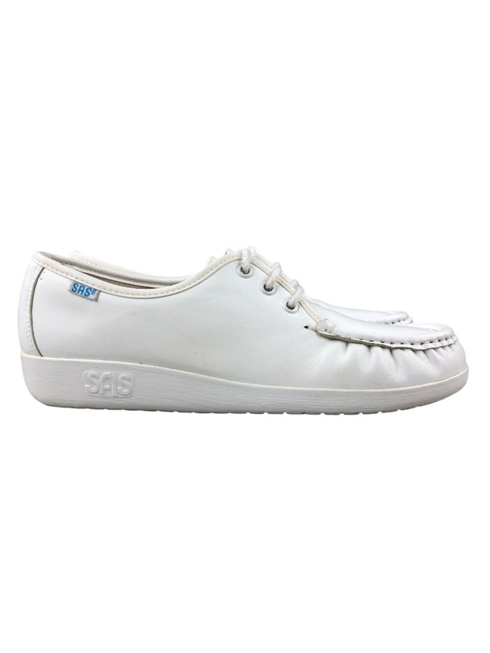 SAS Women's Size 7 Siesta White Leather Lace-Up Low Wedge Comfort Moccasin Shoes